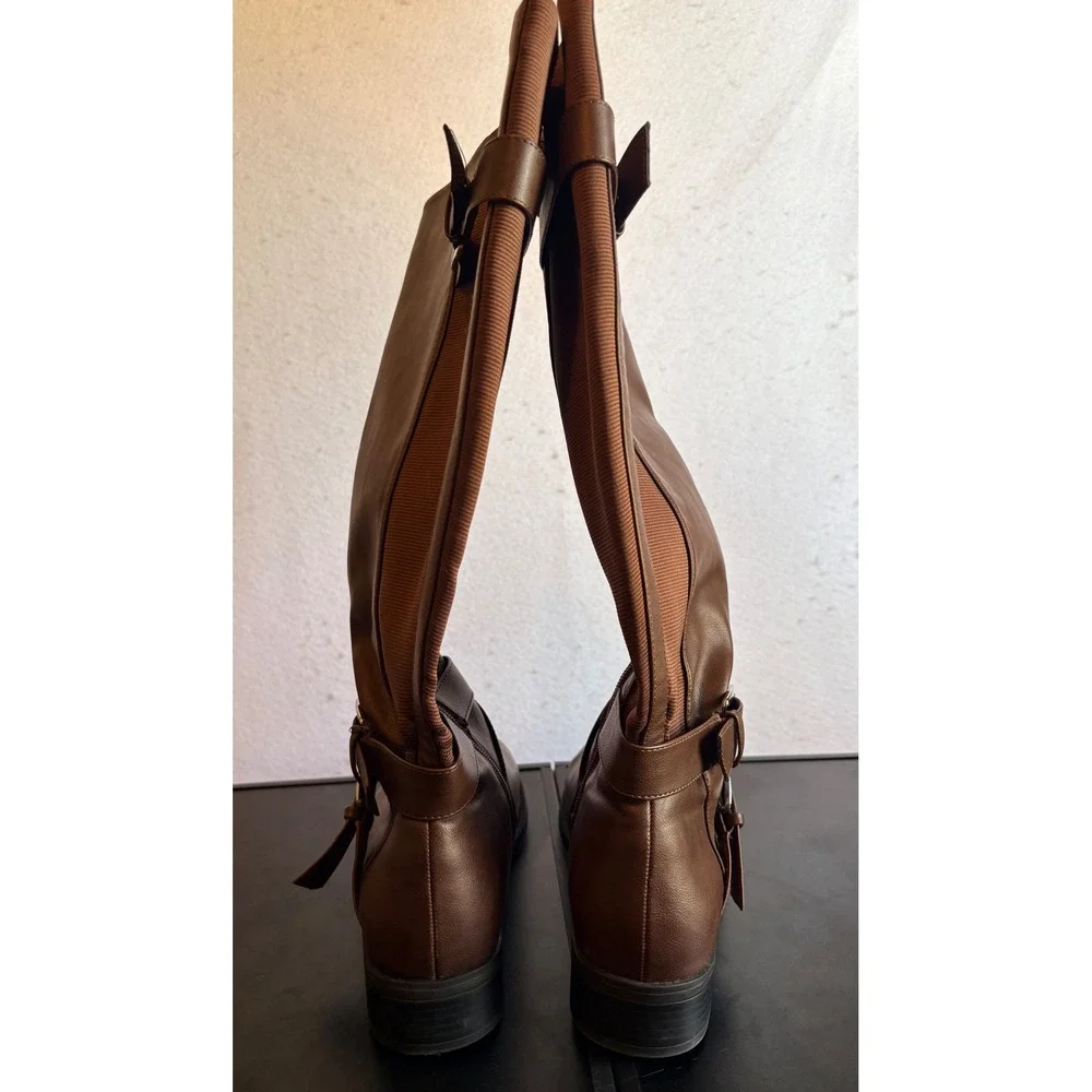 Torrid Womens 9WW Cognac Brown Faux Leather Buckle Knee Riding Boots Wide Width